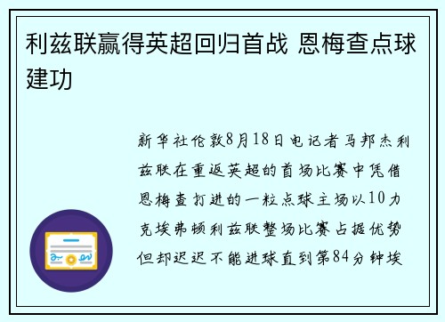 利兹联赢得英超回归首战 恩梅查点球建功